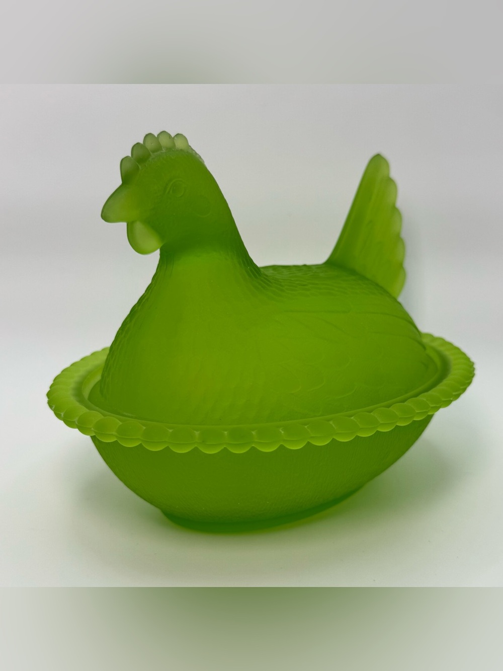 Rare Indiana Glass Satin Mist Lime Green Hen on Nest Frosted Beaded Rim